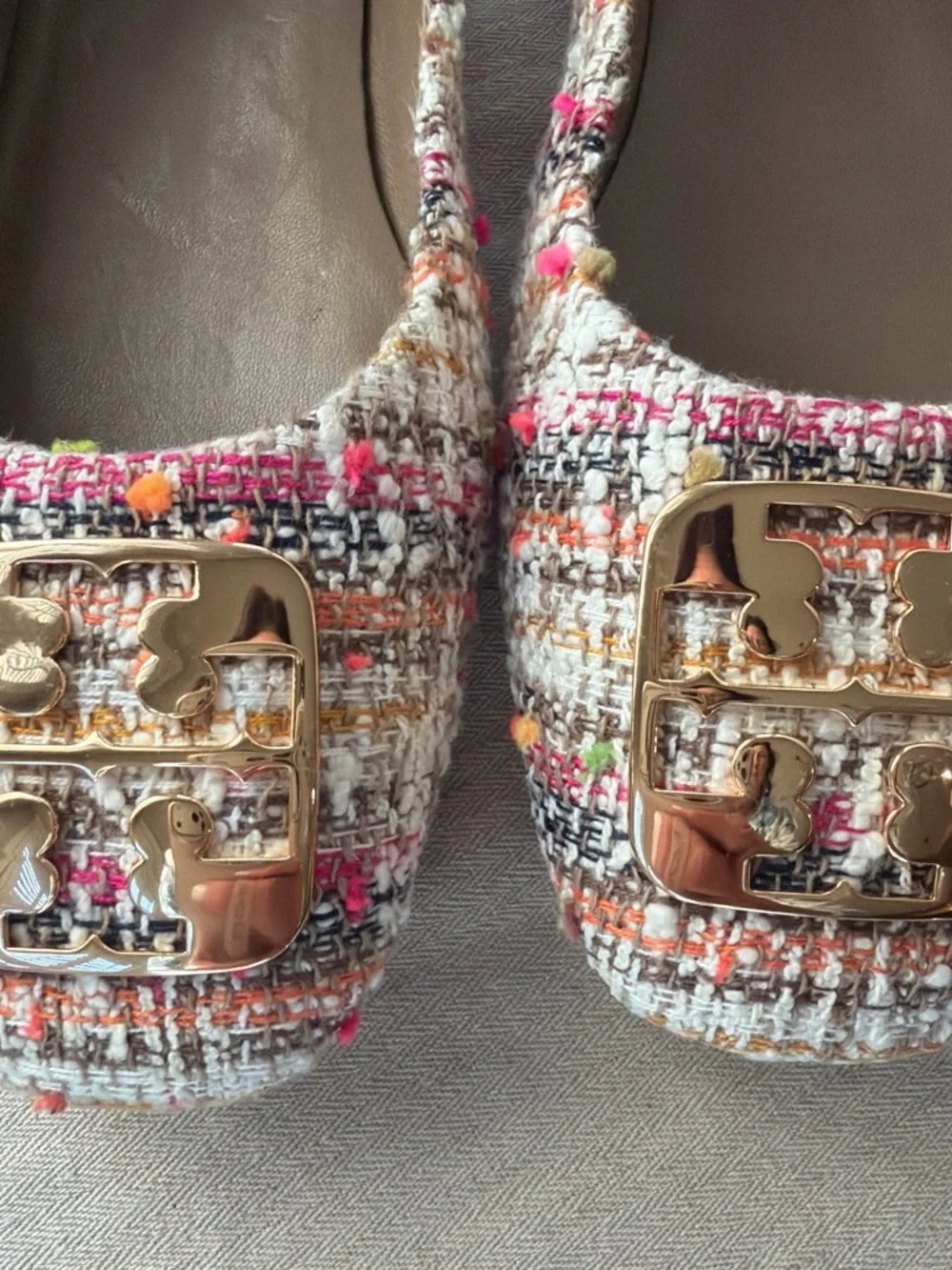 Tory Burch Multicolor Tweed Flats with Gold Logo Plaques